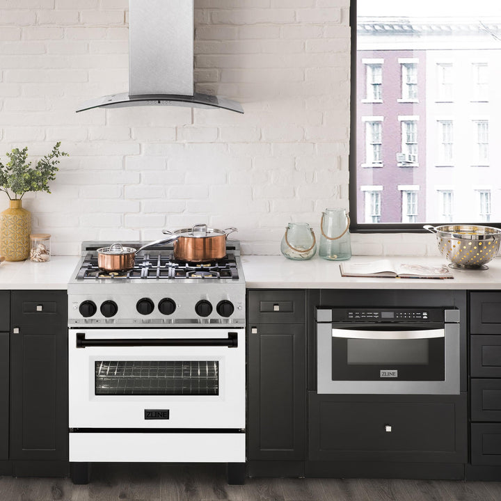 ZLINE KITCHEN AND BATH RGSZWM30MB ZLINE Autograph Edition 30" 4.0 cu. ft. Range with Gas Stove and Gas Oven in DuraSnow R Stainless Steel with White Matte Door and Accents Color: Matte Black