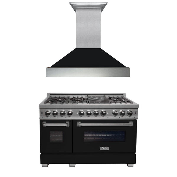 ZLINE KITCHEN AND BATH 2KPRASBLMRH48 ZLINE 48" Kitchen Package with DuraSnow R Stainless Steel Dual Fuel Range with Black Matte Door and Convertible Vent Range Hood