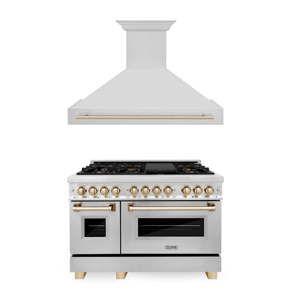 ZLINE KITCHEN AND BATH 2AKPRARH48G ZLINE 48" Autograph Edition Kitchen Package with Stainless Steel Dual Fuel Range and Range Hood with Gold Accents