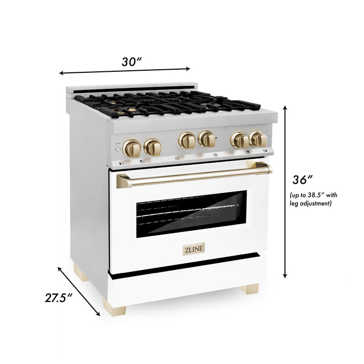 ZLINE KITCHEN AND BATH RGZWM30CB ZLINE Autograph Edition 30" 4.0 cu. ft. Range with Gas Stove and Gas Oven in Stainless Steel with White Matte Door and Accents Color: Champagne Bronze