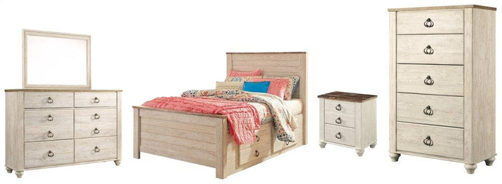 ASHLEY FURNITURE PKG004448 Full Panel Bed With 2 Storage Drawers With Mirrored Dresser, Chest and Nightstand