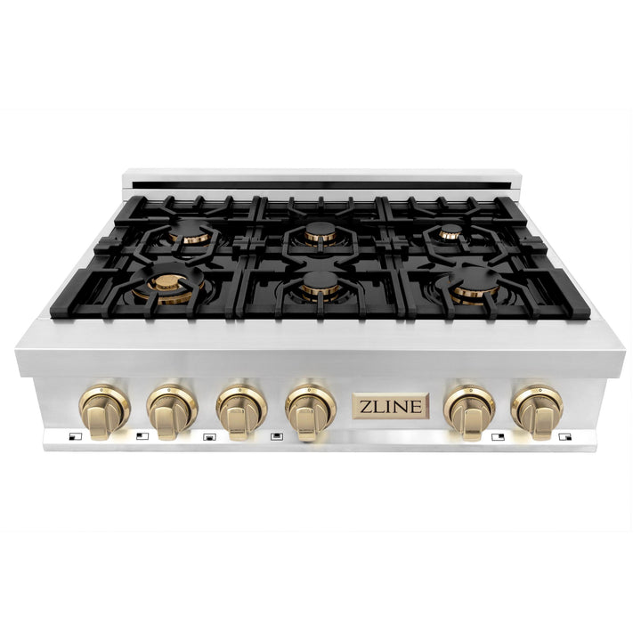 ZLINE KITCHEN AND BATH RTZ36G ZLINE Autograph Edition 36" Porcelain Rangetop with 6 Gas Burners in Stainless Steel with Accents Color: Gold