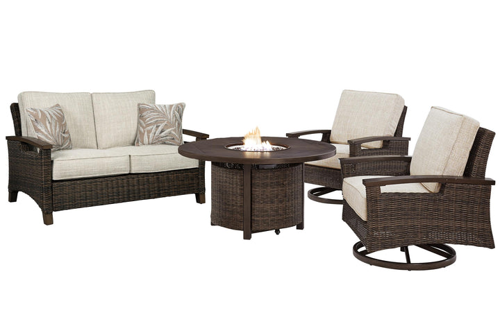 ASHLEY FURNITURE PKG012912 Outdoor Loveseat and 2 Lounge Chairs With Fire Pit Table