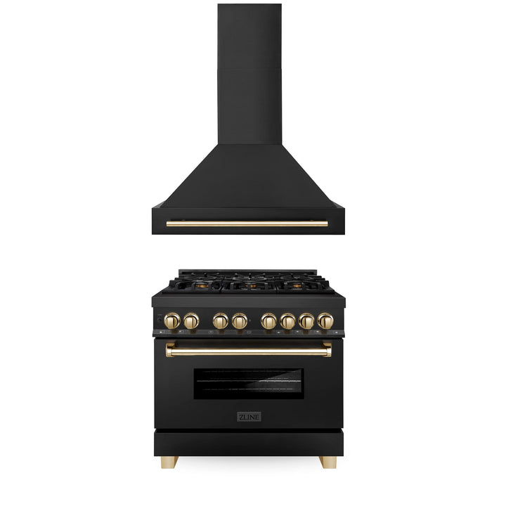 ZLINE KITCHEN AND BATH 2AKPRABRH36G ZLINE 36" Autograph Edition Kitchen Package with Black Stainless Steel Dual Fuel Range and Range Hood with Gold Accents
