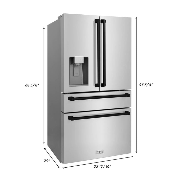 ZLINE KITCHEN AND BATH RFMZW36MB ZLINE 36" Autograph Edition 21.6 cu. ft Freestanding French Door Refrigerator with Water and Ice Dispenser in Fingerprint Resistant Stainless Steel with Accents Color: Matte Black