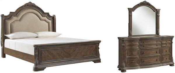 ASHLEY FURNITURE PKG007100 Queen Upholstered Sleigh Bed With Mirrored Dresser