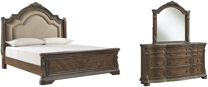 ASHLEY FURNITURE PKG007100 Queen Upholstered Sleigh Bed With Mirrored Dresser