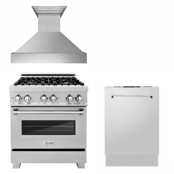 ZLINE KITCHEN AND BATH 3KPRASRH30DW ZLINE 30" Kitchen Package with DuraSnow R Stainless Dual Fuel Range, Ducted Vent Range Hood and Dishwasher