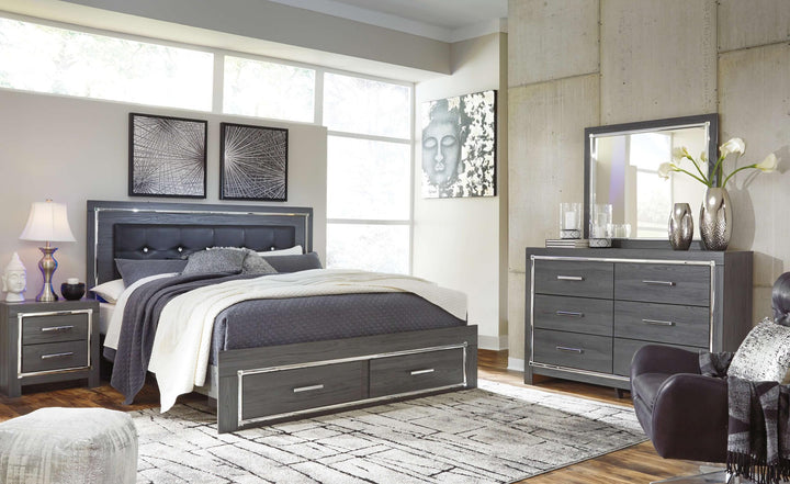 ASHLEY FURNITURE PKG003575 King Panel Bed With 2 Storage Drawers With Mirrored Dresser, Chest and Nightstand