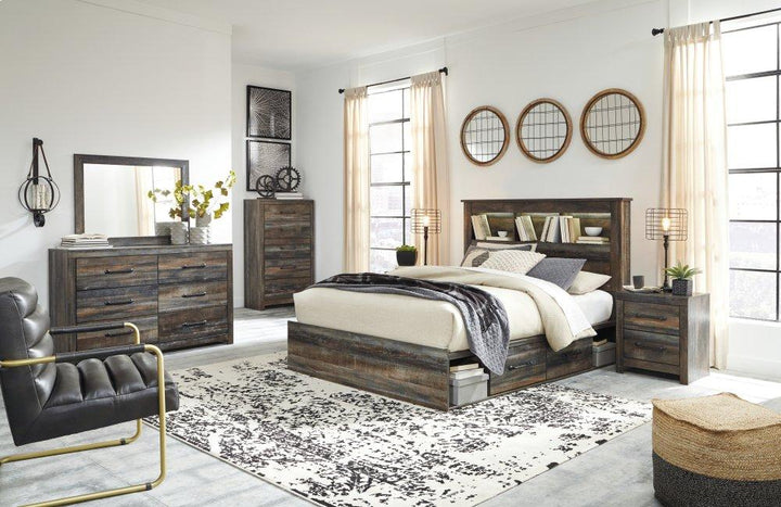 ASHLEY FURNITURE PKG003215 Queen Bookcase Bed With 2 Storage Drawers With Mirrored Dresser, Chest and 2 Nightstands