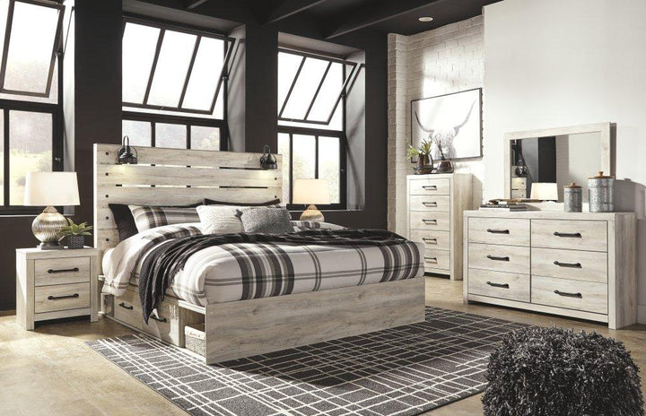 ASHLEY FURNITURE PKG003029 King Panel Bed With 4 Storage Drawers With Mirrored Dresser, Chest and Nightstand