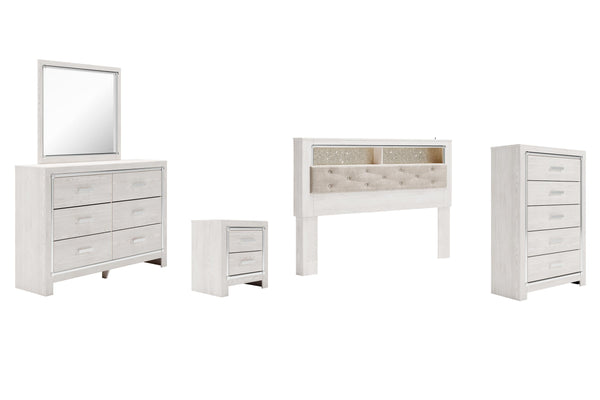 ASHLEY FURNITURE PKG009488 King Bookcase Headboard With Mirrored Dresser, Chest and Nightstand