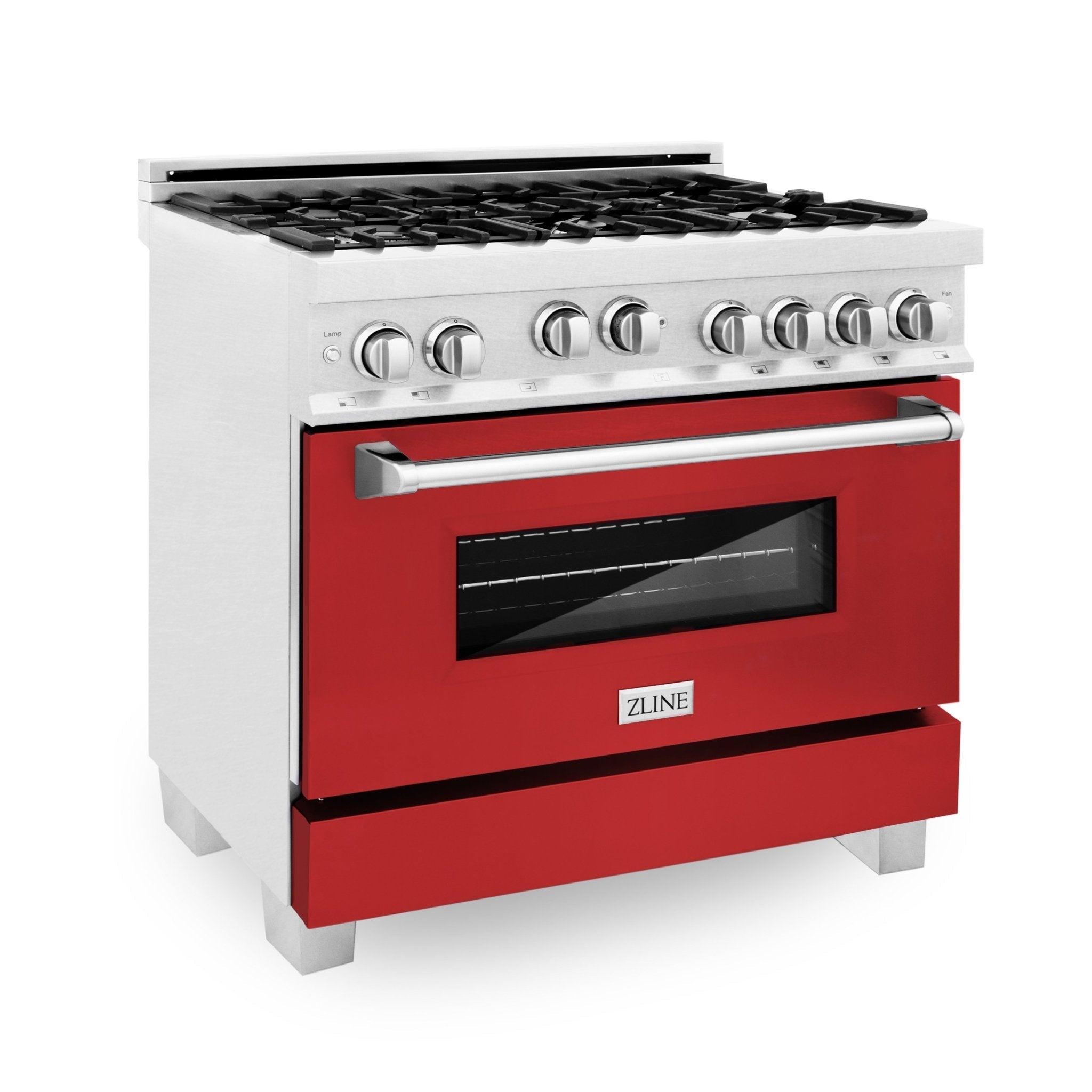 ZLINE KITCHEN AND BATH RGSRG36 ZLINE 36" Professional 4.6 cu. ft. Gas on Gas Range in ZLINE DuraSnow R Stainless Steel with Color Door Options Color: Red Gloss