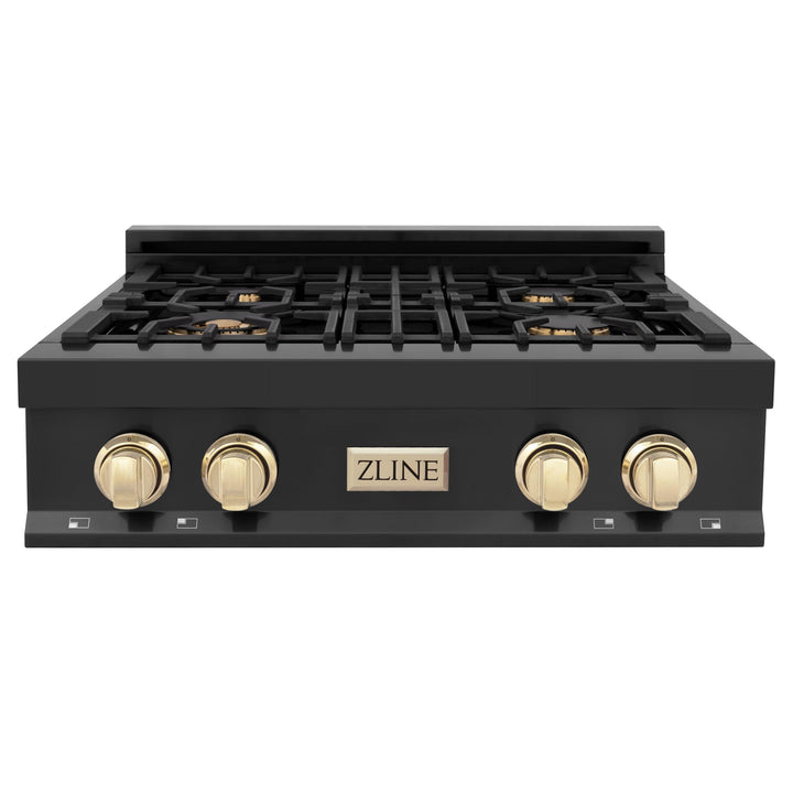 ZLINE KITCHEN AND BATH RTBZ30G ZLINE Autograph Edition 30" Porcelain Rangetop with 4 Gas Burners in Black Stainless Steel and Accents Accent: Gold