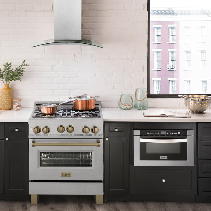 ZLINE KITCHEN AND BATH RGSZSN30MB ZLINE 30" 4.0 cu. ft. Range with Gas Stove and Gas Oven in DuraSnow R Stainless Steel with Accents Accent: Matte Black