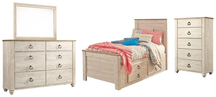 ASHLEY FURNITURE PKG004394 Twin Panel Bed With 2 Storage Drawers With Mirrored Dresser and Chest