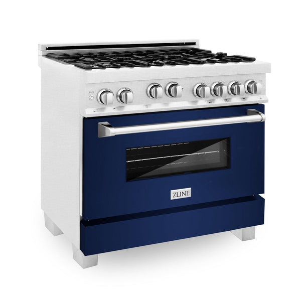 ZLINE KITCHEN AND BATH RGSBG36 ZLINE 36" Professional 4.6 cu. ft. Gas on Gas Range in ZLINE DuraSnow R Stainless Steel with Color Door Options Color: Blue Gloss