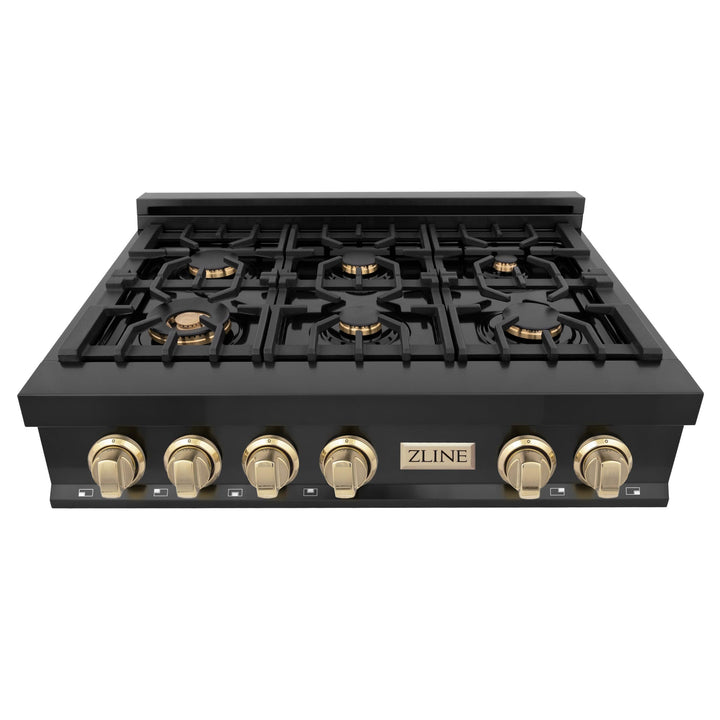 ZLINE KITCHEN AND BATH RTBZ36G ZLINE Autograph Edition 36" Porcelain Rangetop with 6 Gas Burners in Black Stainless Steel with Accents Accent: Gold