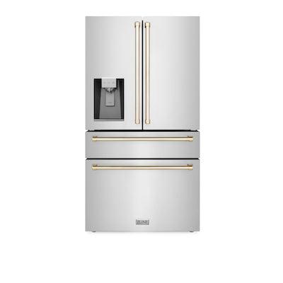 ZLINE KITCHEN AND BATH RFMZW36G ZLINE 36" Autograph Edition 21.6 cu. ft Freestanding French Door Refrigerator with Water and Ice Dispenser in Fingerprint Resistant Stainless Steel with Accents Color: Gold