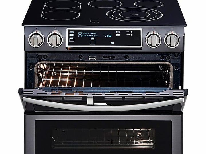 SAMSUNG NE58K9850WG 5.8 cu. ft. Slide-In Electric Range with Flex Duo TM & Dual Door in Black Stainless Steel