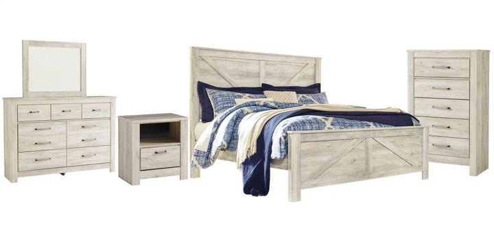 ASHLEY FURNITURE PKG004704 King Crossbuck Panel Bed With Mirrored Dresser, Chest and Nightstand