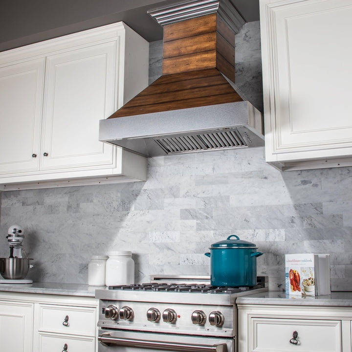 ZLINE KITCHEN AND BATH 365BB36 ZLINE 36" Ducted Wooden Wall Range Hood with Shiplap and Stainless Steel Accents